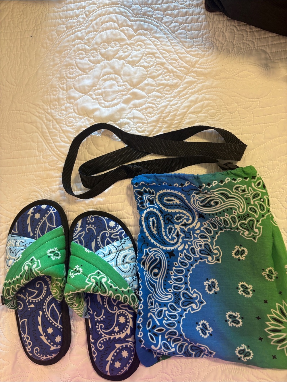 Women  Green and Blue Paisley Slide Sandals with Matching Crossbody Bag